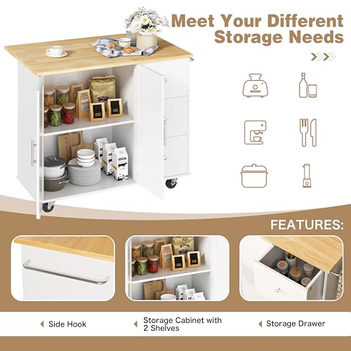 Rolling Kitchen Island with Folding Drop Leaf and Storage Cabinet