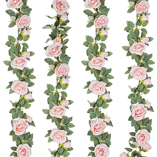 Artificial Pink Rose Vine Garland, 4 Pack 26ft Silk Hanging Flowers