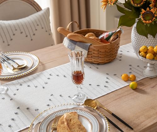 Caflife Grey Beige Cotton Linen Rustic Boho Table Runner 13x48 Inches