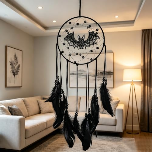 Large Gothic Black Dreamcatcher with Bat Accents for Wall Decor