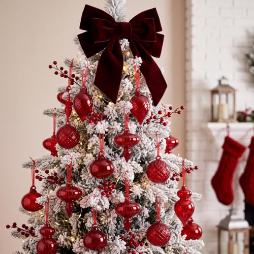 Hungdao 14pcs Vintage Red Glass Christmas Ornaments - Satin Ribbon Hangers