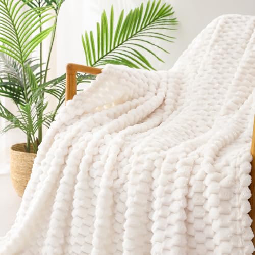 Exclusivo Mezcla 3D Plush Fleece Throw Blanket for Couch - Ivory, 50x70 In