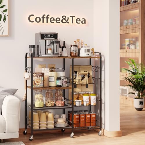 4-Tier Rolling Kitchen Microwave Cart with Pull-Out Baskets and Storage