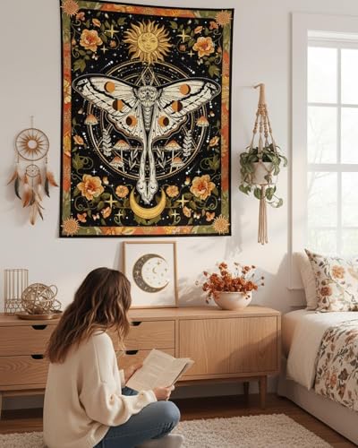 Vintage Orange Moth Tapestry - Boho Floral Mushroom Wall Hanging (30" x 40")