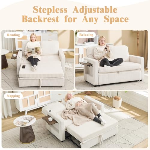 3-in-1 Convertible Chenille Loveseat Sleeper Sofa with Foldable Side Table
