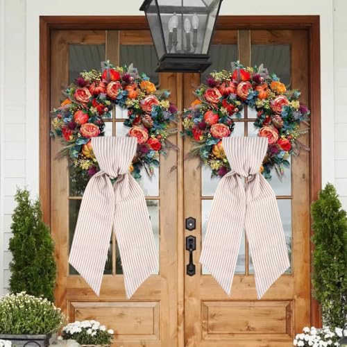 2 Pack Brown Stripe Wreath Sash for Front Door Monogram Embroidery