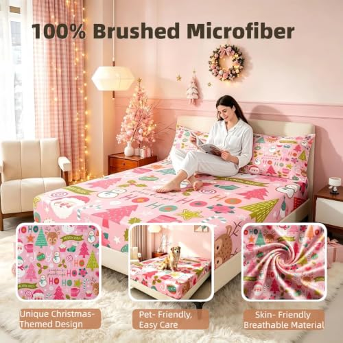 Erosebridal Full Christmas Fitted Sheet Set with 2 Pillowcases – Cartoon Santa Snowman Pine Tree Bedding