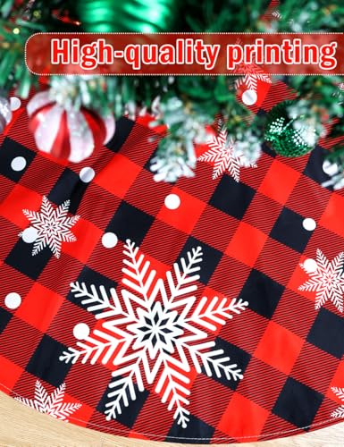 48-Inch Red & Black Buffalo Plaid Christmas Tree Skirt with Snowflake Pattern