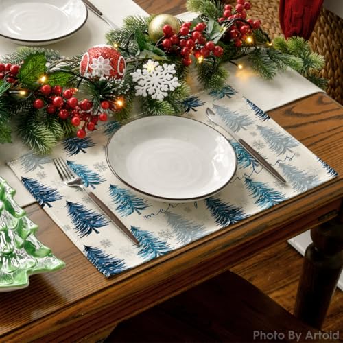 Artoid Mode Blue Christmas Placemats Set of 6, 12x18 Inch Seasonal Table Decor