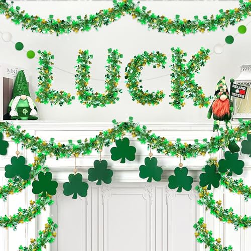 33ft St. Patrick's Day Shamrock Tinsel Garland - Green & Gold Decor