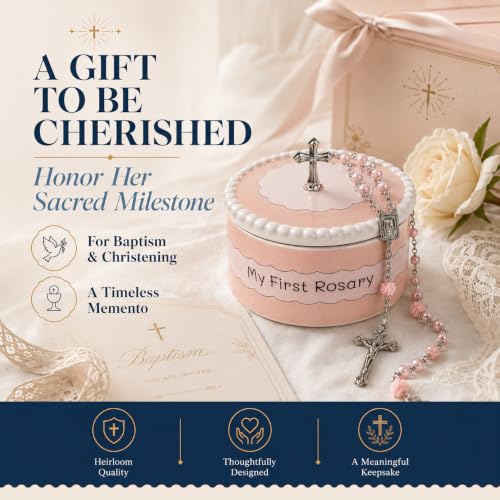 Girls First Rosary Necklace with Ceramic Keepsake Box - Pink