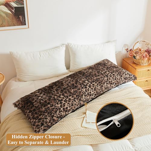 Fluffy Faux Fur Leopard Print Body Pillow Cover 20x54 with Zipper