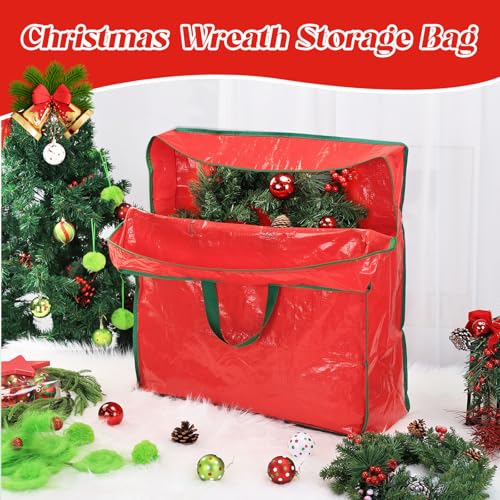 AFOROEOA 6PCS Red Wreath Storage Bags with Handles, 25"L x 25"H x 8.7"D – Clear Zip Bags for Garland & Xmas Wreaths (Variation: 6pcs Red)