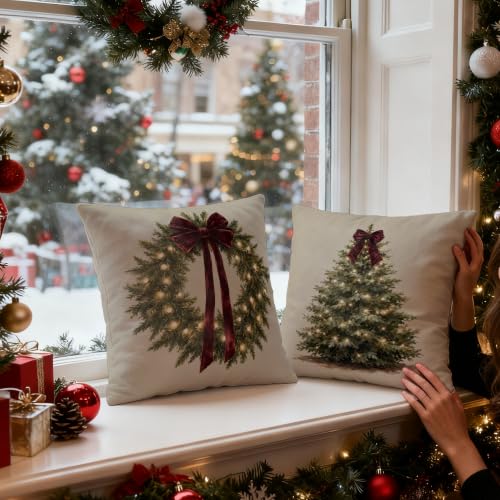 AWDSCHKJ Red Vintage Christmas Wreath Pillow Covers 18x18 Set of 2