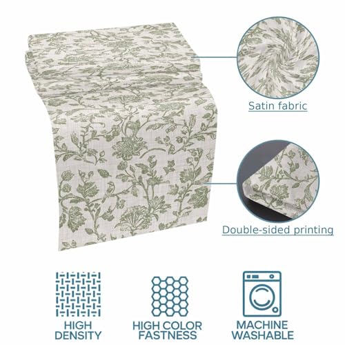 Sage Green Queen Bed Runner - Vintage Botanical Satin Bed Scarf (94"x20")