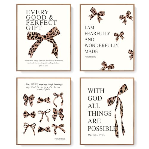Leopard Bow Wall Art Prints Y2K Bible Verse Posters 10x8 Set of 4