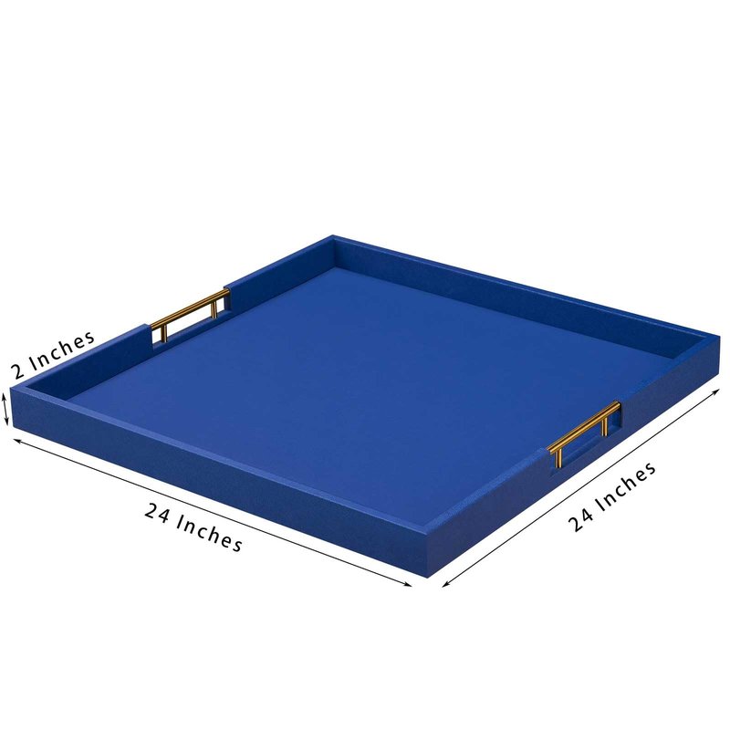 24x24 Inches Extra Large Blue Faux Leather Wrapped Wood Ottoman Tray with Golden Handles for Serving Food and Breakfast On Bed, Square Coffee Table Organizer, Home Decor and Decorative