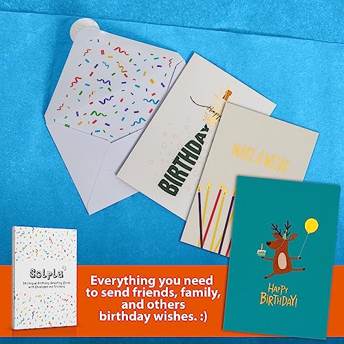 Solpla Gold Foil Birthday Cards Assortment, 24 Pack 4x6 Blank Cards with Envelopes and Stickers