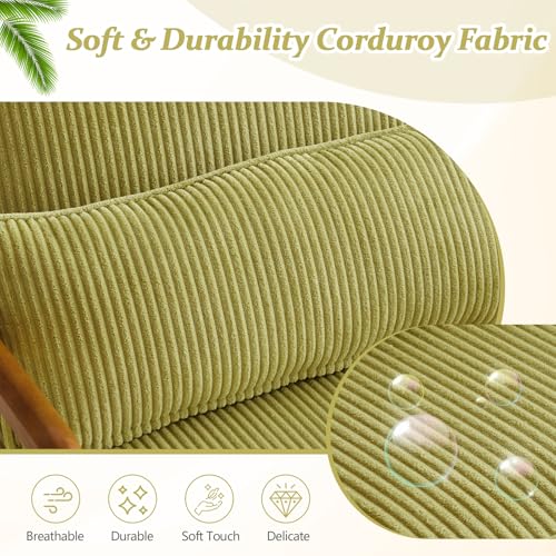 Mid-Century Corduroy Accent Chair with Lumbar Pillow and Solid Wood Arms