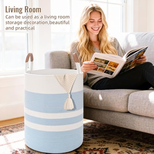 Large 60L Woven Cotton Rope Laundry Hamper with Sturdy Leather Handles