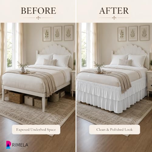 White Full Size Elastic Wrap Around Bed Skirt - 14 Inch Drop Double Ruffle