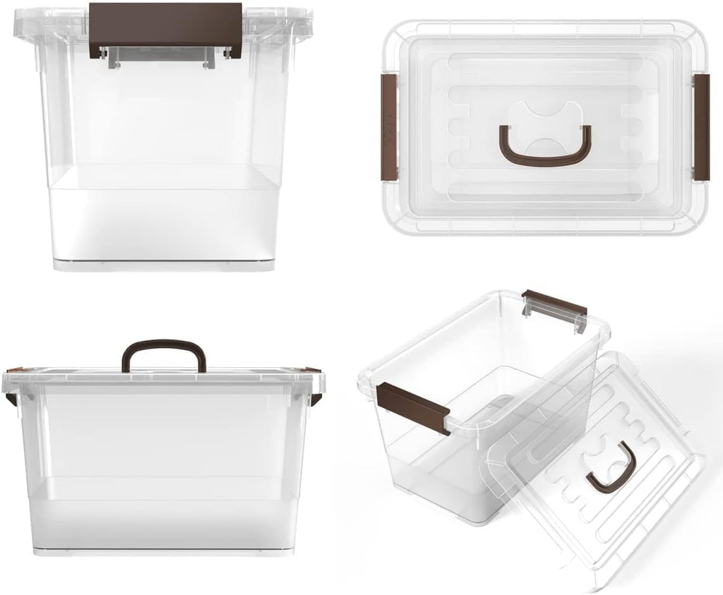WYT 7 Quart Clear Storage Latch Box - Stackable Plastic Bins with Brown Handle & Lid | 6-Pack