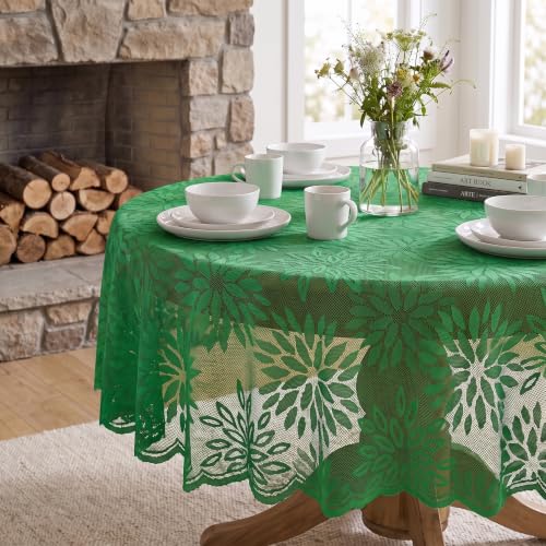 Horaldaily Christmas Green Lace Dahlia Tablecloth 60x60 Round - 60" Round, Dark Green