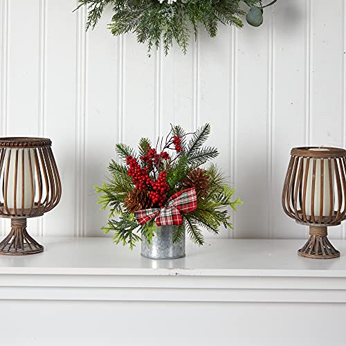 Nearly Natural 10x8x12in Winter Berry & Pinecone Artificial Holiday Arrangement in Vase