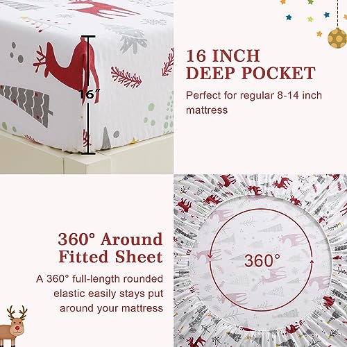 StarBedia Christmas Flannel Sheet Set King 100% Cotton Deep 16" Pocket Gray Deer