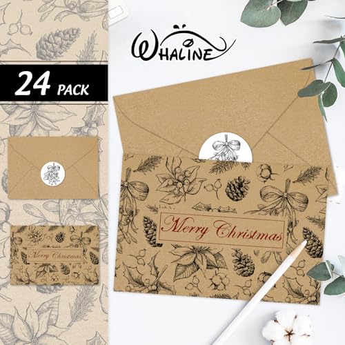 24 Pack Christmas Kraft Greeting Cards with Envelopes & Stickers - Holiday Note Cards