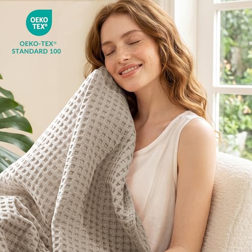 Lightweight 100% Cotton Waffle Blanket Queen Size - Khaki, 90x90 Inches