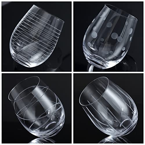 Hand Blown Etched Stemless Wine Glasses, 17.5 oz Patterned Glass Tumblers Set