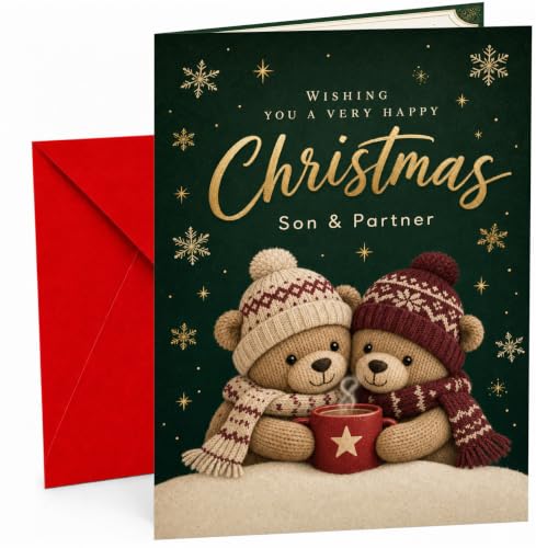Purple Fox Son & Partner Christmas Card with Teddy Bears & Hot Chocolate