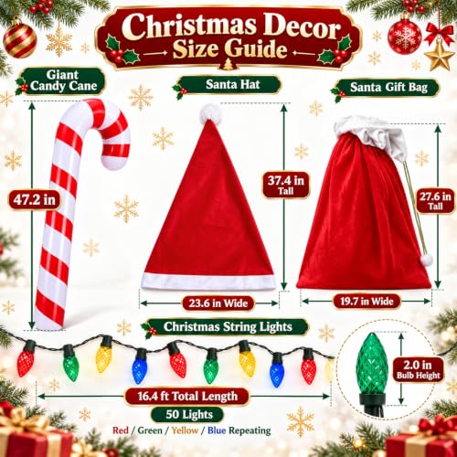 12 ft Skeleton Outfit with Santa Hat, Bag, Candy Cane & 50 LED Lights for Outdoor Halloween Christmas Display