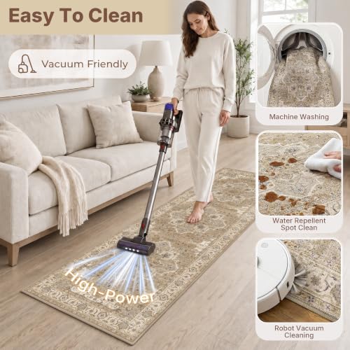 Articosy 3-Piece Boho Kitchen Rug Set with Runner - Washable Non-Slip, Low Pile, Stain Resistant, Beige Cream