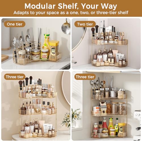 BEFSOP Gold 3-Tier Corner Bathroom Counter Organizer, Makeup & Skincare Storage