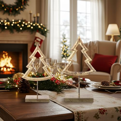 2 Pcs Wooden Christmas Tree Table Decor Rustic Gold Xmas Tree Tabletop Signs and Centerpiece Winter Wood Tall Standing Block Christmas Centerpieces for Home Party Table Shelf Decorations