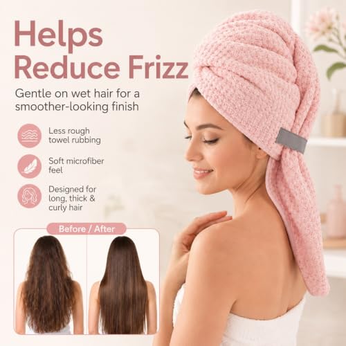 Netcken Pink Large Microfiber Hair Wrap Towel - Quick-Dry & Absorbent, Secure Twist & Tuck Design