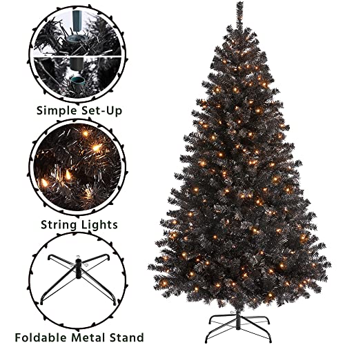 6ft Prelit Black Artificial Christmas Tree with 300 Warm Lights & Metal Stand