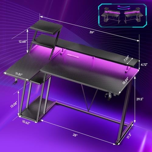 40-Inch L-Shaped Gaming Desk with LED Lights, Power Outlets & Storage