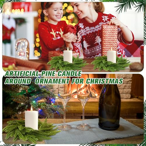 Dingion 12Pcs Norfolk Pine Christmas Candle Ring Wreaths 6in Green