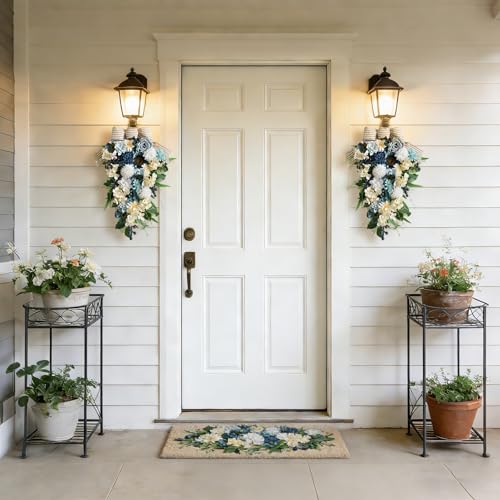 25-Inch Artificial Floral Door Swag with Blue Roses and White Hydrangeas
