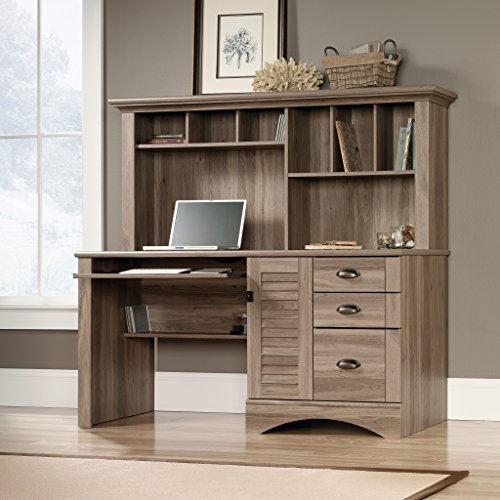 Computer Desk with Hutch and Keyboard Tray in Salt Oak Finish