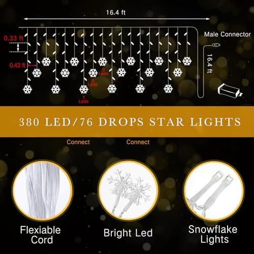 Aurelema White Christmas Snowflake Icicle Lights 33ft Outdoor Indoor with Remote