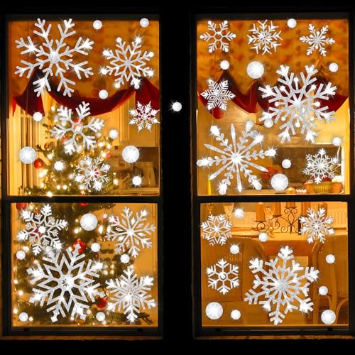 Augisteen 8 Sheets Extra Large Glitter Snowflake Window Clings - Reusable Double-Sided Xmas Window Decor