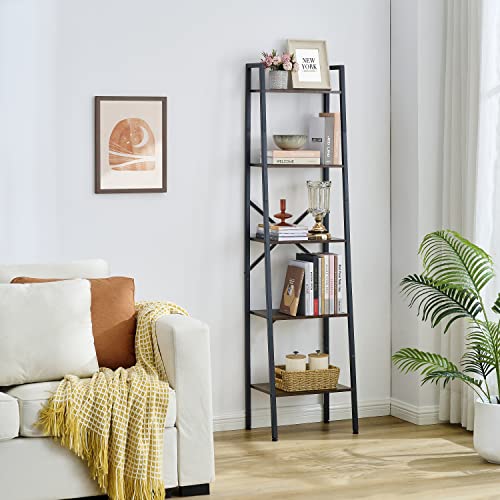 5-Tier Industrial Ladder Bookshelf, Rustic Wood and Metal Storage Shelf