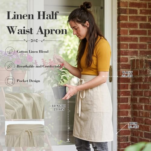 Vintage Linen Waist Apron with Pockets for Cooking and Gardening