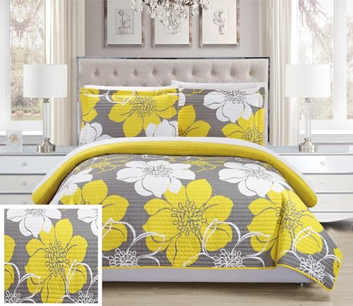 Chic Home - QS1768-AN 3 Piece Woodside Abstract Large Scale Floral Printed with 2 Shams Quilt Set, Queen, Yellow