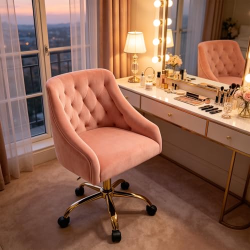 Velvet Office Desk Chair, Adjustable Swivel Vanity Chair with Gold Base