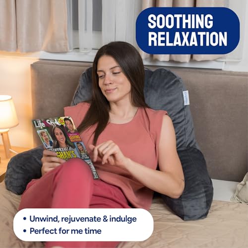 Deluxe Reading Pillow with Arms and Pockets for Bed - Large Grey